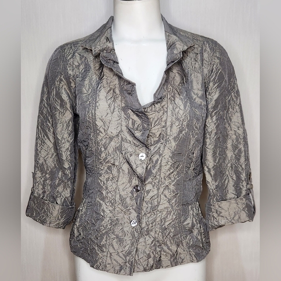 Chicos Jacket Size 0 Crinkled Sheen Jolena 3/4 Sleeve Open Front Egyptian Sand - Picture 1 of 8